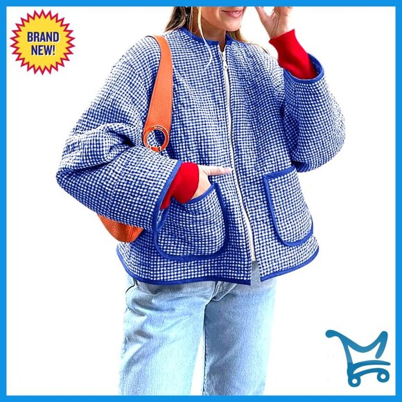 Jackets & Blazers - Quilted Plaid Jacket Full Zipper Coats Crew Neck Fall Fashion Lightweight